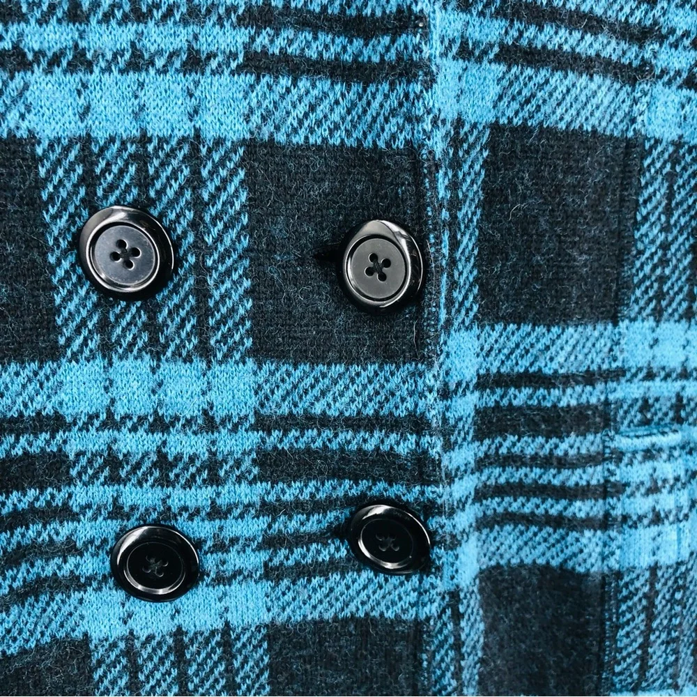 Keren Hart Peacoat Womens XL Wool Plaid Blue Black Pockets Pea Coat